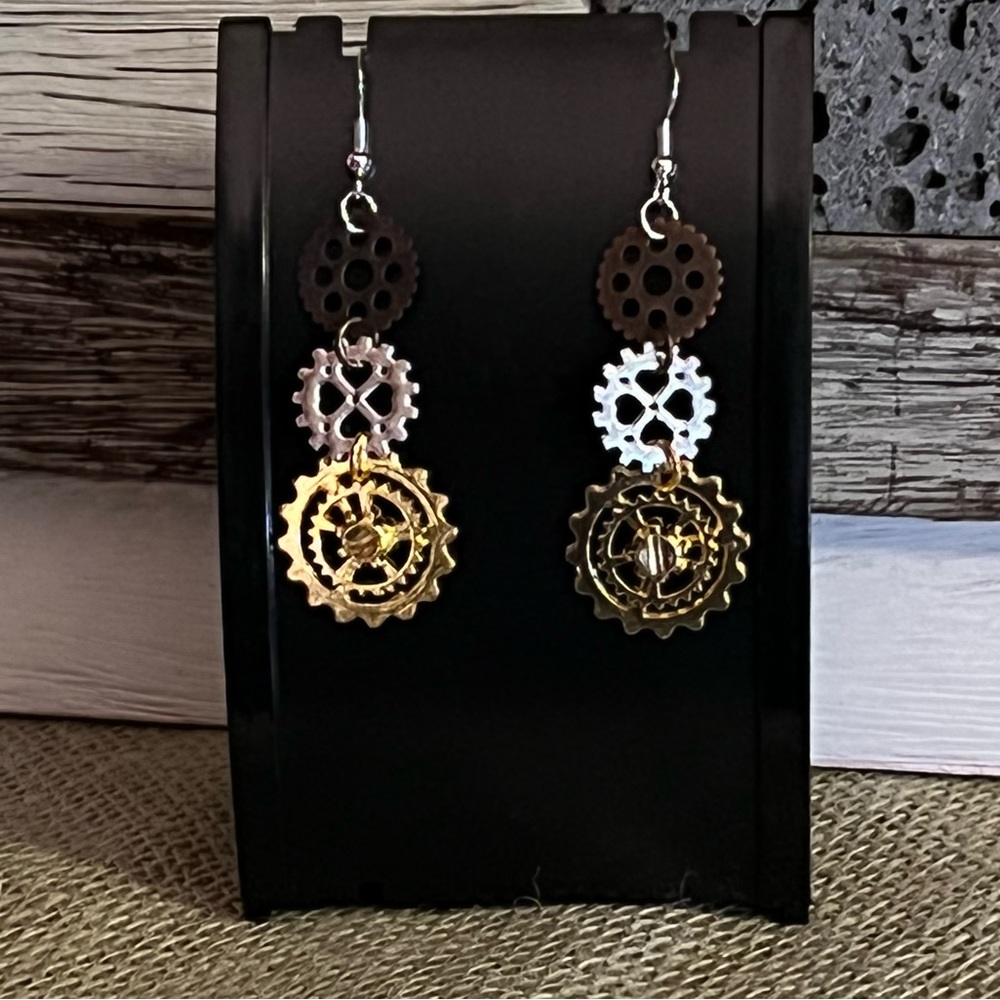 Steampunk Gear Dangle Earrings With .925 Sterling Silver Hooks New Jewelry